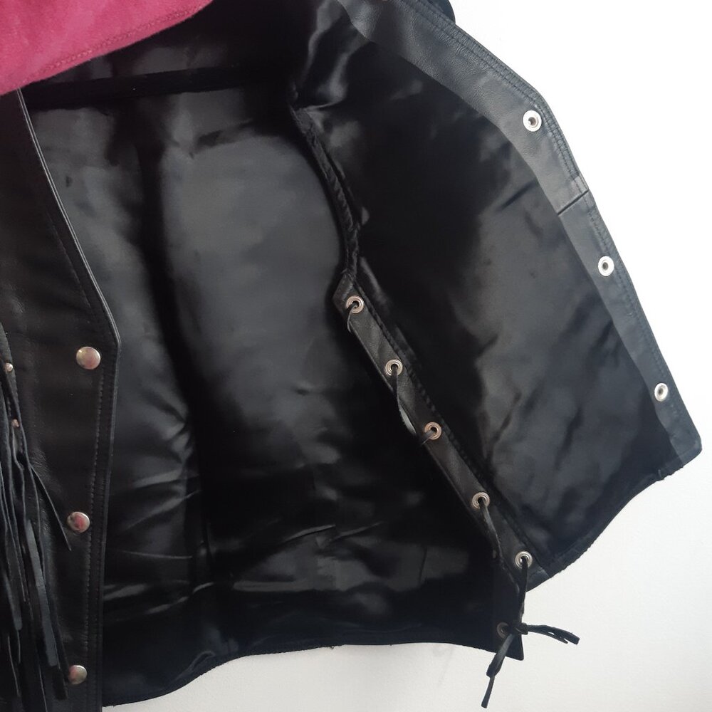 Vintage Genuine Leather Fringe Vest Biker Western Black Lace Up Made in Canada S - Picture 9 of 11